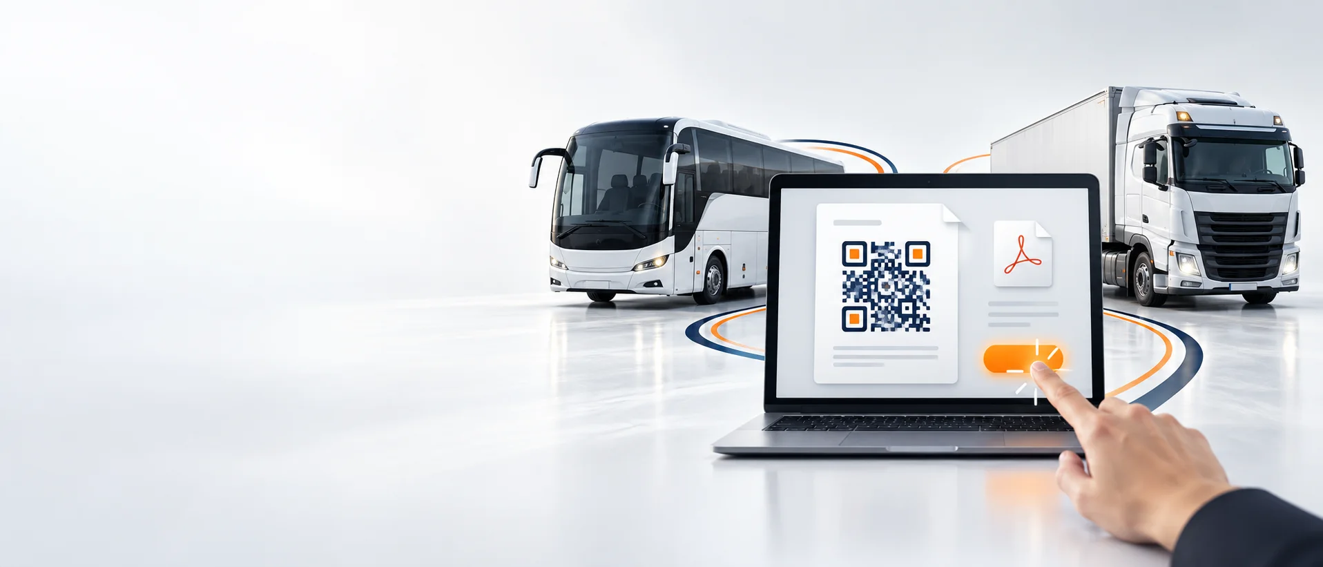 Autocar y camión junto a un portátil que muestra un DeCA con su código QR