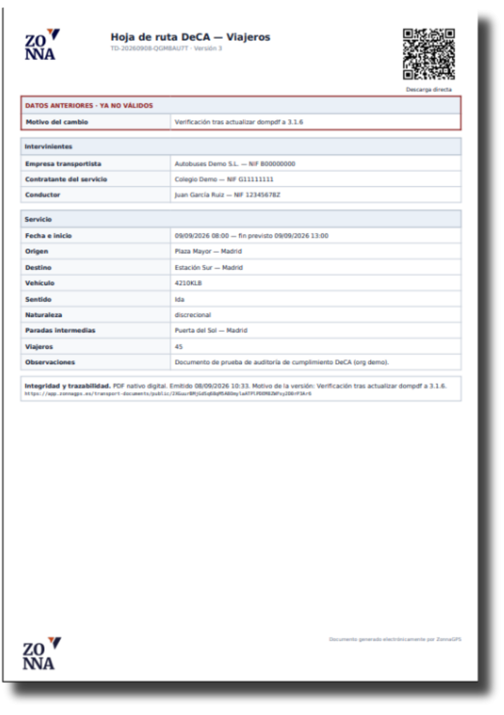 PDF de una hoja de ruta DeCA generada por ZonnaGPS, con su código QR de descarga directa