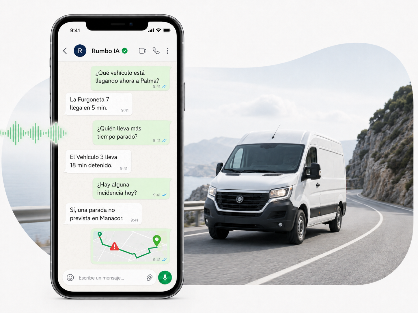 Ejemplo de consultas a Rumbo por WhatsApp sobre posiciones, paradas e incidencias de una furgoneta